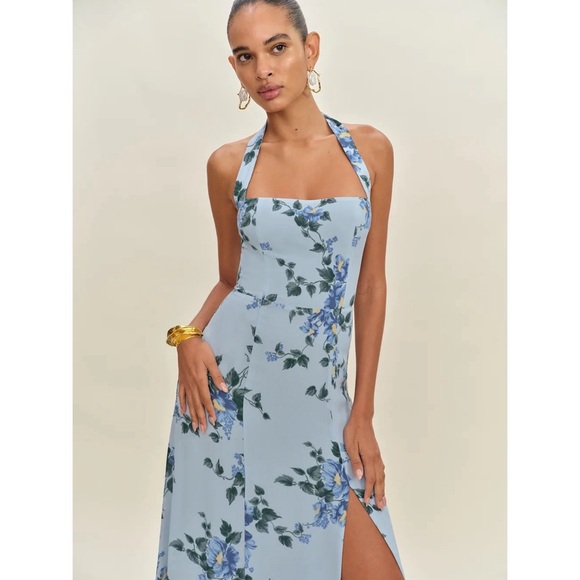 Reformation Jovelle Halter Maxi Dress‎ Gown in Fresh Air Blue Floral - Picture 3 of 12
